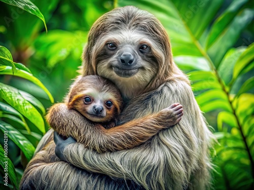 A mother sloth's loving gaze falls upon her baby, nestled securely in her arms.