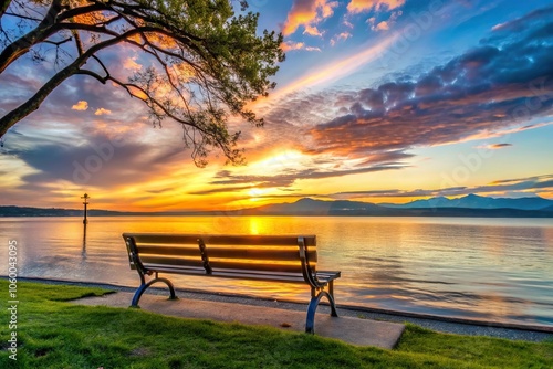 Close-Up Bench facing Magnolia across Puget Sound at Sunset Seattle Washington