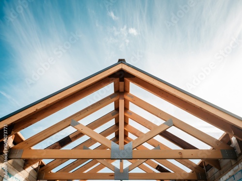  Modern Wooden Roof Truss with Blue Sky Background, Architectural Framing, Construction Industry, Sustainable Building Design, Structural Engineering Concepts