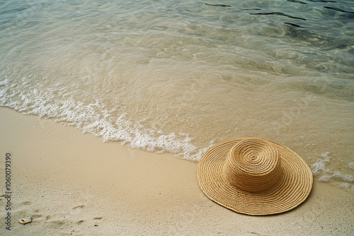 A straw hat left on a sandy beach evoking a sense of a relaxing summer day