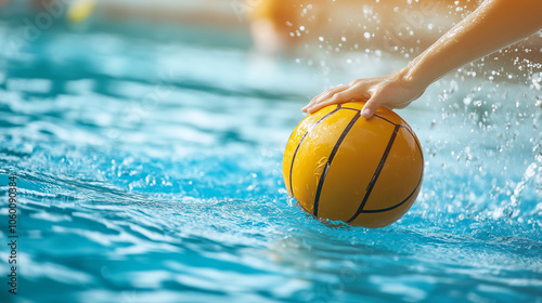 W intensywnym ujęciu widać zawodnika water polo, który energicznie sięga po piłkę w wodzie basenu.