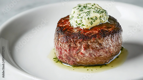 A perfectly cooked filet mignon, topped with a pat of melting herb butter, Photorealistic