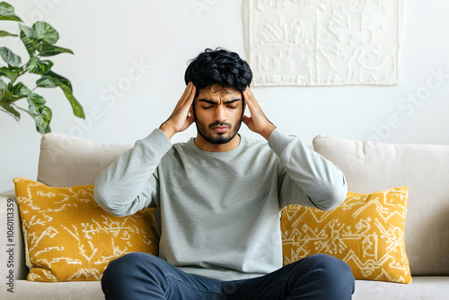 Indian man suffering from headache while sitting