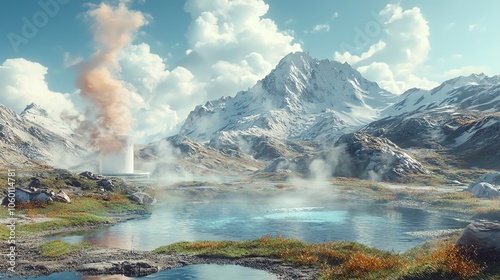 32 Steampowered geothermal turbines in mountain landscape, 3D illustration