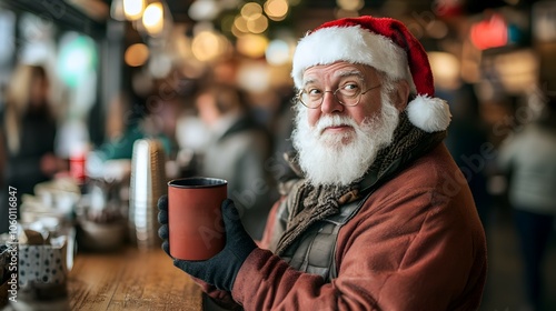 Frustrated Santa Claus character impatiently waiting in line at a crowded and busy coffee shop holding a Merry Stressmas mug looking visibly stressed and annoyed by the holiday rush