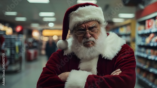 Snarky Santa arms full of last minute Christmas returns standing in line at a crowded store with a deeply annoyed