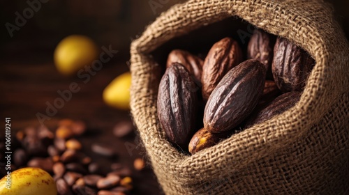 Rustic burlap sack with cacao beans and cocoa pods on dark wood