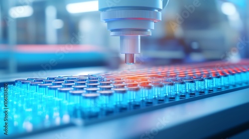 Hightech lab machines processing genetic material, vibrant blue lighting, wideangle view