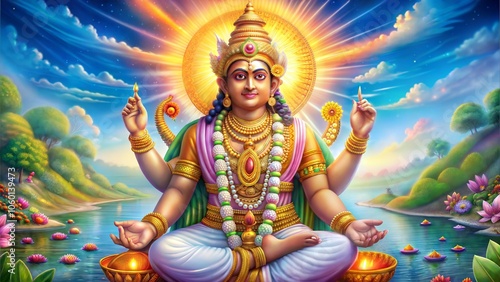 Artistic Depiction of Hindu Deity Brahma with Multiple Arms and Serene Expression