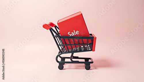 Shopping cart with red sale box on light pink background for Black Friday promotional campaign