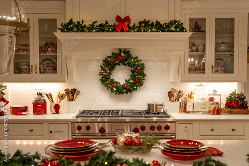 A beautifully designed kitchen adorned with Christmas decorations including a wreath, garland, and holiday dinnerware.