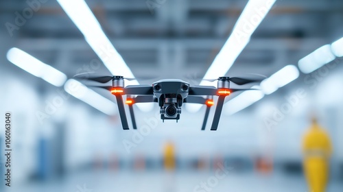 Engineers testing the aerodynamics of a mechanical drone, wind tunnel in action, bright lab lighting, wideangle view