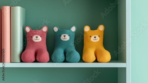 Animalshaped socks sitting on a bookshelf, playful composition, soft lighting