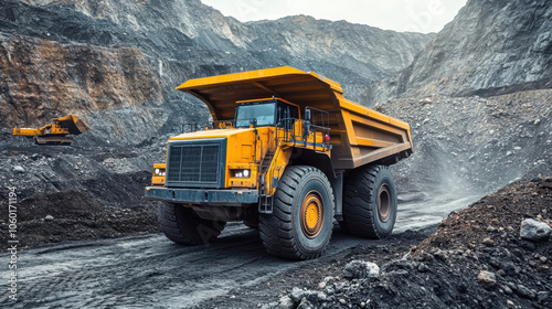 Autonomous heavy mining truck navigating rugged quarry landscape, showcasing its robust design and powerful capabilities in challenging environment