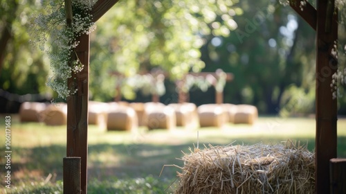 Defocused glimpse of a country style outdoor wedding featuring a wooden arch and hay bales.