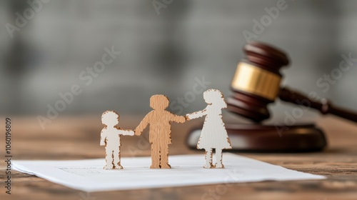 Wooden family figures with gavel on a blurred background. Concept of family law, child custody, and legal representation.