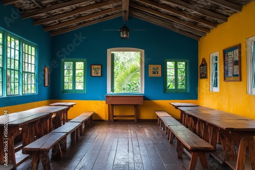 Rustic Interior with Wooden Benches and Bright Colors