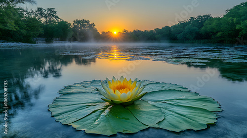 A Tranquil Sunrise at the Serene Natural Spring: The Elusive Panacea Herb Amidst Waking Nature