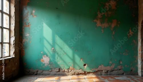 fondo de pared texturizado con colores verde turquesa, verde moderado y verde muy oscuro y espacio para texto o imagen. puede utilizarse como cabecera o banner.