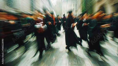 Blurry impression of beaming graduates marching in unison at a graduation ceremony.