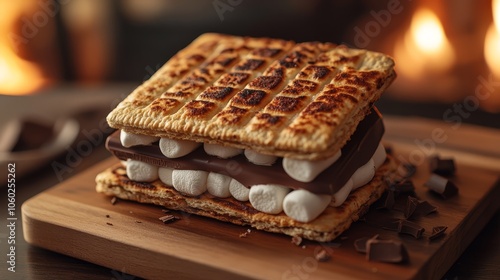 Toasted Marshmallow S mores with Chocolate on Wooden Cutting Board