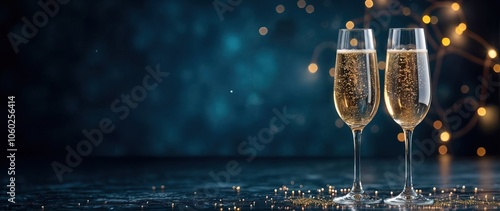 Festive banner. Two glasses of champagne on dark blue background with Christmas tree with lights bokeh, glitter and sparks, confetti. Christmas celebration concept with copy space for text