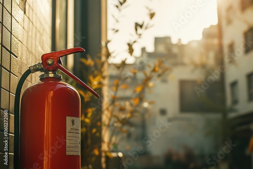 A vivid fire extinguisher stands prominently in the foreground, showcasing urban safety measures as the sun sets behind a building. Generative AI