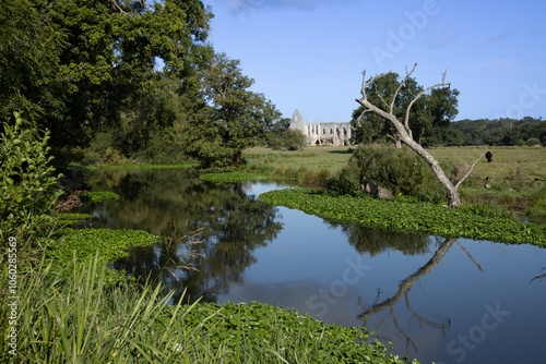 River Wey navigation winds its way past Newark Augustinian Priory near the village of Ripley and close to Woking, Surrey