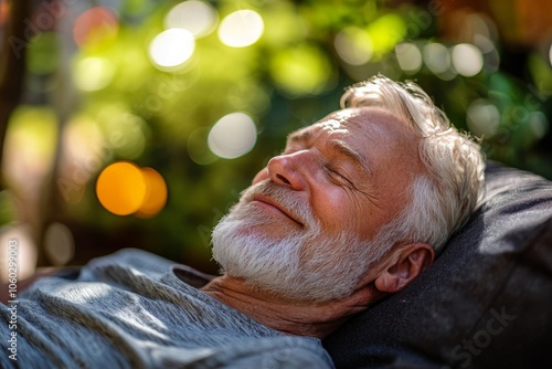 A senior man naps in a peaceful garden.