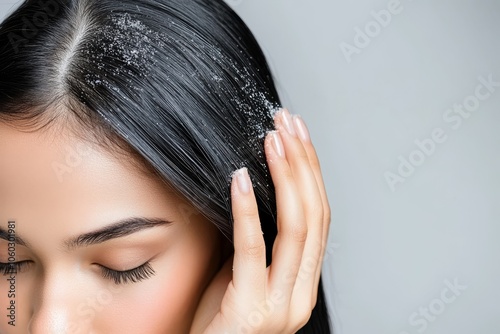 Dandruff on hair of dark-haired woman. Scalp disease. Seborrhea. White powder on hair