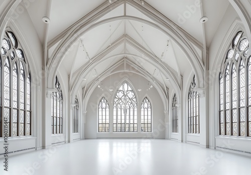 The interior of a Gothic-style building features a white color scheme. Large windows and arches allow ample daylight to fill the space. The floor and walls are also white,