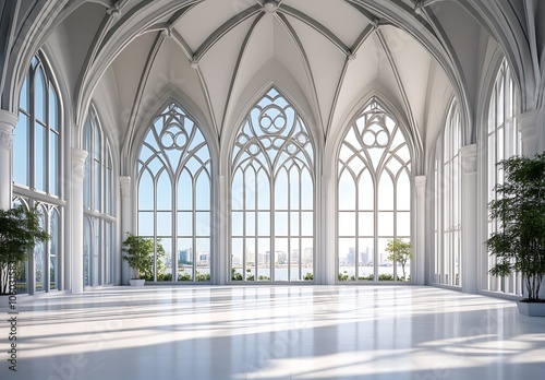 The interior of a Gothic-style building features a white color scheme. Large windows and arches allow ample daylight to fill the space. The floor and walls are also white,