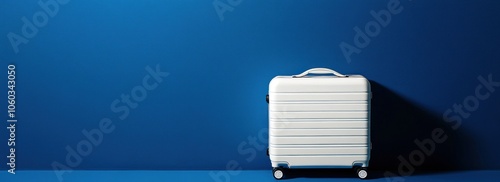 Valise blanche à roulettes sur fond bleu, représentant un concept de voyage et de déplacement. Bannière Web avec espace de copie pour texte.