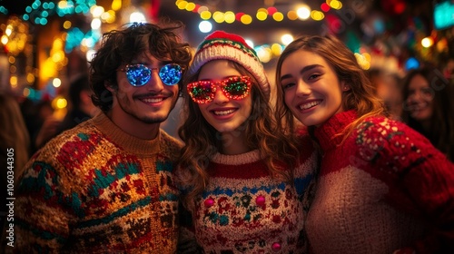 festive ugly sweater contest, friends at a holiday party showcase their creativity in an ugly sweater contest, with blinking lights and festive patterns, amid cheerful decor