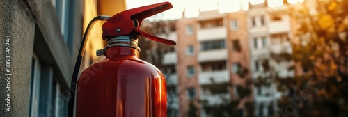 A vivid fire extinguisher stands in the foreground, showcasing its importance beside a building as the sun sets in the background. Generative AI