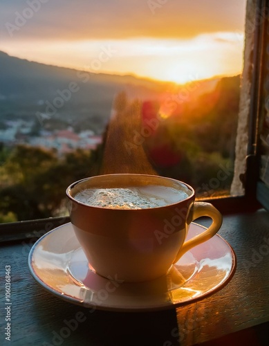 Un cremoso café en un precio atardecer a traves de la ventana