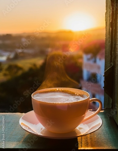 Un cremoso café en un precio atardecer a traves de la ventana