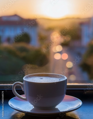 Un cremoso café en un precio atardecer a traves de la ventana