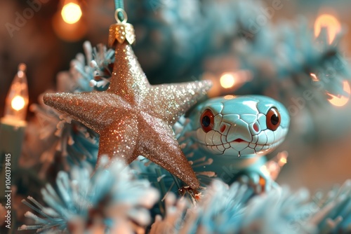 Colorful ornament and toy tucked among blue holiday tree branches during festive season