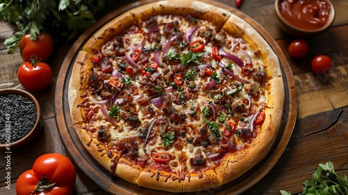 High angle shot of testy pizza along with vegetables and charcoal on wooden surface