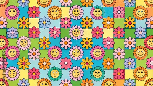 Cheerful and vibrant floral pattern with playful faces, capturing a whimsical and happy mood in a grid-like design.