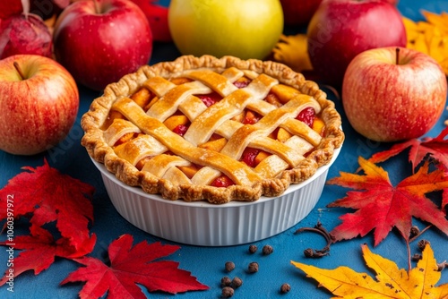 Detailed image of freshly baked apple pie with bubbling fruit and golden crust, capturing the rich, comforting appeal of home baking, symbolizing flavor and nostalgia