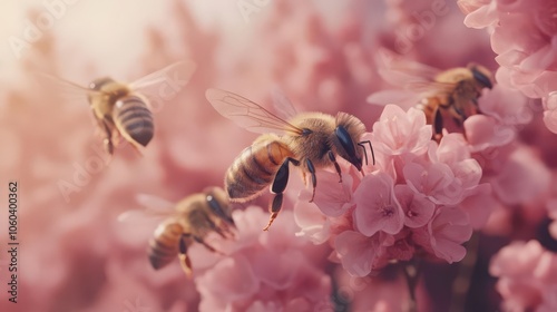 Bees Pollinating A group of bees flying around in slow motion, buzzing between flowers as they gather pollen, each tiny movement of their wings captured in detail