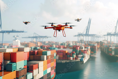 Drone flying over cargo containers in a busy port. High-tech solution for monitoring and managing logistics in modern shipping hubs