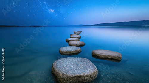 Stepping Stones to the Milky Way: A surreal and ethereal path of stepping stones leads towards a mesmerizing starry night sky, evoking a sense of wonder and possibility.