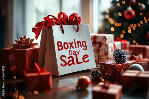 A festive shopping bag with a 'Boxing Day Sale' sign surrounded by wrapped gifts, pine cones, and holiday decorations, capturing the holiday shopping spirit.