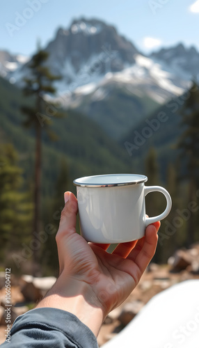 Hand holding enamel white mug mockup with forest and mountains valley background. Trekking merchandise and camping gear. Stock wildwood photo with white metal cup. Rustic product template isolated w