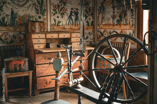 Old wooden tailor's spinning wheel in room