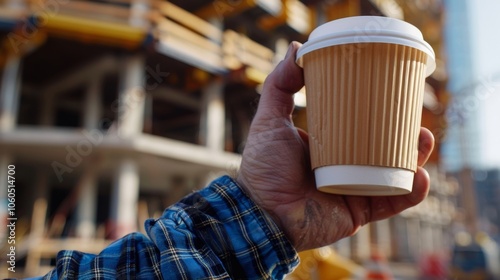 A closeup of a calloused hand holding a coffee cup with the construction site in the background.