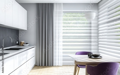 This modern kitchen interior blends functionality with elegance, featuring pristine white cabinets that contrast beautifully with light gray walls. 